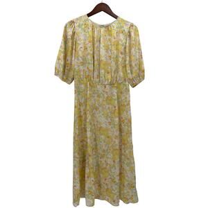 H&M Yellow Floral Puff Sleeve Midi Dress Pleated Waist Lightweight Size Small